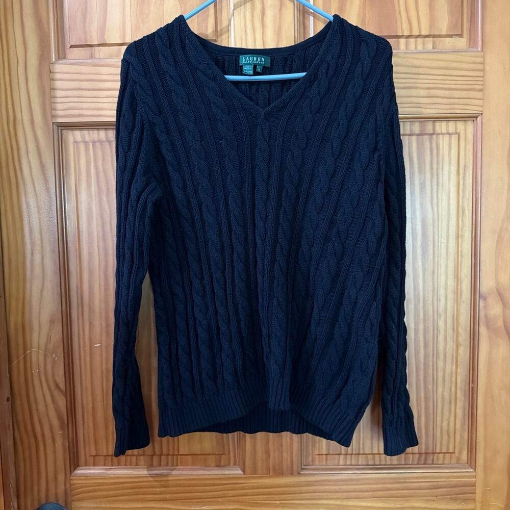 Lauren Ralph Lauren Black V-Neck Cable Knit Sweater Size 1X